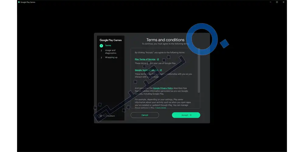 شاشة تثبيت برنامج Google Play Games الرسمي على حاسوب شخصي مع توضيح متطلبات النظام الأساسية.